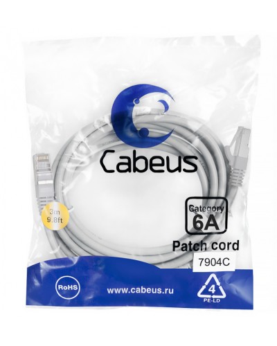 Патч-корд SSTP, категория 6a, 10G, S/FTP экранированный, LSZH, 3 м, серый Cabeus PC-SSTP-RJ45-Cat.6a-3m-LSZH в Нефтеюганске Патчкорды (медные) Pintop.ru