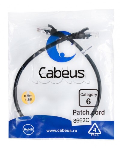 Патч-корд UTP, категория 6, 0.5 м, неэкранированный, черный Cabeus PC-UTP-RJ45-Cat.6-0.5m-BK в Нефтеюганске Патчкорды (медные) Pintop.ru