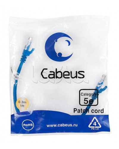 Патч-корд медный U/UTP кат.5е (0,3м) LSZH (синий) Cabeus (PC-UTP-RJ45-Cat.5e-0.3m-BL-LSZH) в Нефтеюганске Патчкорды (медные) Pintop.ru