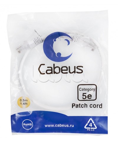Патч-корд UTP, категория 5e, 0.5 м, неэкранированный, белый Cabeus PC-UTP-RJ45-Cat.5e-0.5m-WH в Нефтеюганске Патчкорды (медные) Pintop.ru