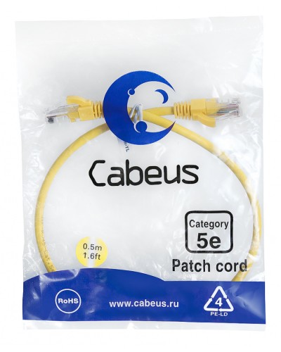 Патч-корд UTP, категория 5e, 0.5 м, неэкранированный, желтый Cabeus PC-UTP-RJ45-Cat.5e-0.5m-YL в Нефтеюганске Патчкорды (медные) Pintop.ru