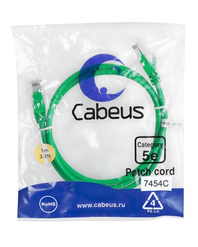 Патч-корд медный U/UTP кат.5е (1м) LSZH (зеленый) Cabeus (PC-UTP-RJ45-Cat.5e-1m-GN-LSZH) в Нефтеюганске Патчкорды (медные) Pintop.ru