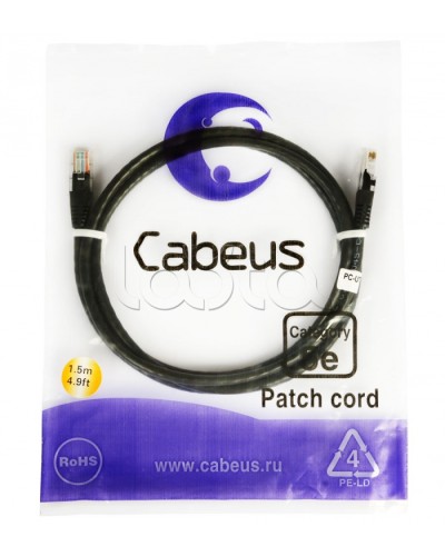 Патч-корд 2xRJ-45/8P8C U/UTP кат.5е (2 м) Cabeus PC-UTP-RJ45-CAT.5E-2M-BK в Нефтеюганске Патчкорды (медные) Pintop.ru