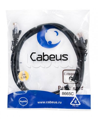 Патч-корд UTP, категория 6, 2 м, неэкранированный, черный Cabeus PC-UTP-RJ45-Cat.6-2m-BK в Нефтеюганске Патчкорды (медные) Pintop.ru