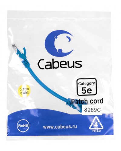 Патч-корд медный U/UTP кат.5е (0,15м) LSZH (синий) Cabeus (PC-UTP-RJ45-Cat.5e-0.15m-BL-LSZH) в Нефтеюганске Патчкорды (медные) Pintop.ru