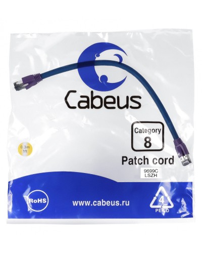 Патч-корд S/FTP Cabeus PC-SSTP-RJ45-Cat.8-0.3m-LSZH в Нефтеюганске Патчкорды (медные) Pintop.ru