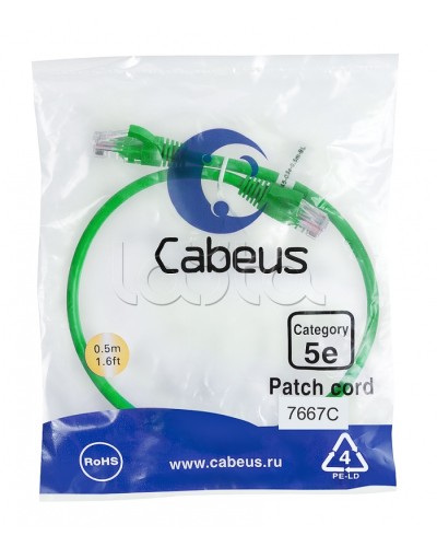Патч-корд UTP, категория 5e, 0.5 м, неэкранированный, зеленый Cabeus PC-UTP-RJ45-Cat.5e-0.5m-GN в Нефтеюганске Патчкорды (медные) Pintop.ru