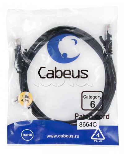 Патч-корд UTP, категория 6, 1.5 м, неэкранированный, черный Cabeus PC-UTP-RJ45-Cat.6-1.5m-BK в Нефтеюганске Патчкорды (медные) Pintop.ru