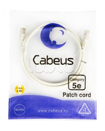 Шнур коммутационный RJ-45 кат.5е (1.5 м) Cabeus PC-UTP-RJ45-Cat.5e-1.5m-WH в Нефтеюганске Патчкорды (медные) Pintop.ru