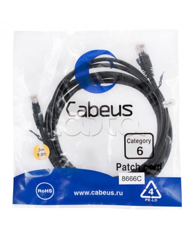 Патч-корд UTP, категория 6, 3 м, неэкранированный, черный Cabeus PC-UTP-RJ45-Cat.6-3m-BK в Нефтеюганске Патчкорды (медные) Pintop.ru