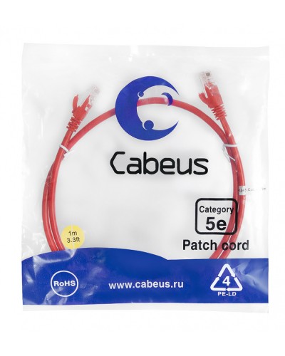 Патч-корд медный U/UTP кат.5е (1м) LSZH (красный) Cabeus (PC-UTP-RJ45-Cat.5e-1m-RD-LSZH) в Нефтеюганске Патч-корды и пигтейлы Pintop.ru
