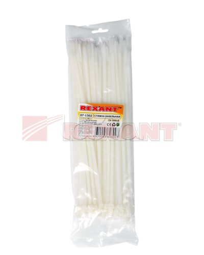 Хомут-стяжка нейлоновый 5х300 мм белый (100шт/уп) REXANT 07-1302 в Нефтеюганске Стяжки-хомуты Pintop.ru
